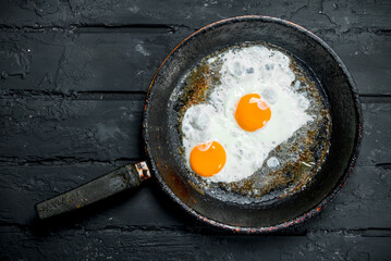Fried eggs in a frying pan.