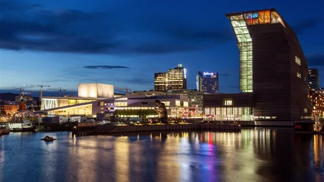 Oslo Downtown sunset timelapse Night illumination with water reflection