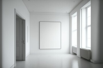 Large blank white painting on the wall in a minimalist room.