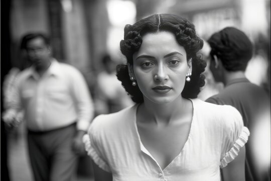 young woman walking in Mexico City  in 1960. monochromatic vintage. This image was created with generative AI,
