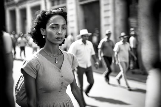 young woman walking in Havana in 1960. monochromatic vintage. This image was created with generative AI
