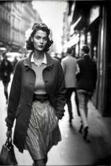 Fototapeta na wymiar young woman walking in paris in 1950.. monochromatic vintage. This image was created with generative AI
