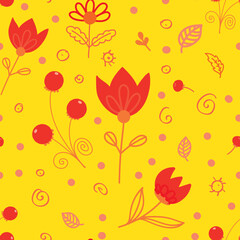 Vector seamless pattern with flowers, berries and leaves.