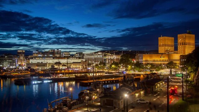 Oslo downtown night cityscape landmark timelapse with marina yachts
