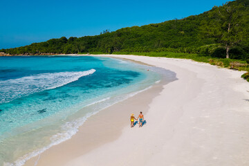 Anse Cocos beach, La Digue Island, Seychelles, Drone aerial view of La Digue Seychelles bird eye...
