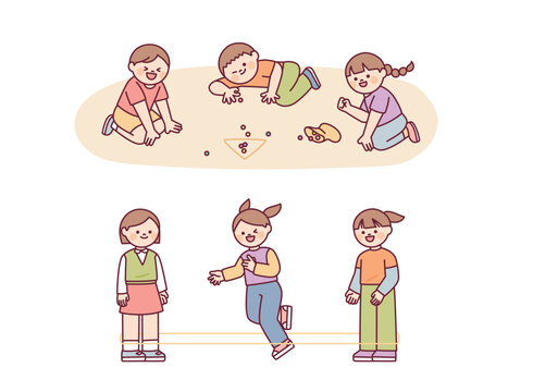 Korean chidhood game. Children are playing marbles and jumping with rubber bands.
