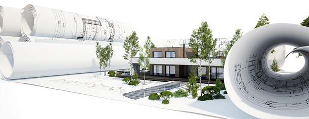 Fototapeta Bauplanung eines energieeffizienten Einfamilienhauses mit Dachterrasse und Swimmingpool - 3D Visualisierung obraz