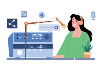 Young woman in headphones singing in the recording studio