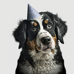 cute dog wearing birthday hat isolated on background, Generative AI