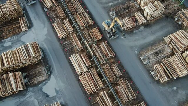 Efficiency in Action: An Aerial View of a Log travelling on the conveyor belt at a German Sawmill while Log Loader driving alongside of it