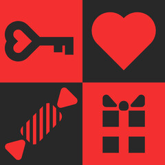 Creative love feeling symbols heart shape, key, candy, gift box composition for Valentines Day card on the red and black background, creative print or sticker design.