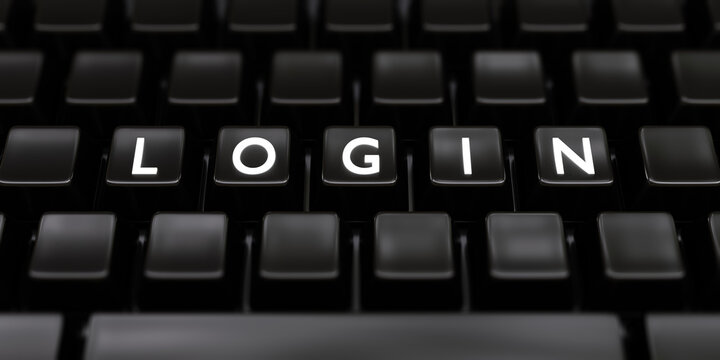 LOGIN white letter text on black computer laptop keyboard background. Safe online access. 3d render