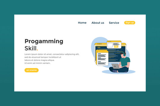 Programming skill concept, web engineer at work, vector images. programming Unique Illustration web site landing page template. vector design.