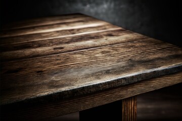 Wooden desk space for product dark wall background