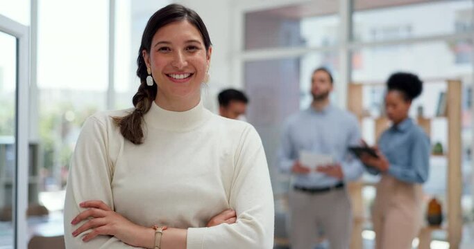 Face, mindset and vision with a business woman in the office, standing arms crossed for future growth. Portrait, motivation and mission with a female employee working in an office for development