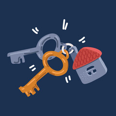 Cartoon vector illustration of Keychain with key ring house locket. Key chain with house