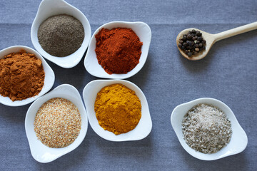 Spices close-up on a gray background. Black pepper, bell pepper, chili pepper, garlic, curcumin, pea pepper and salt and spice.