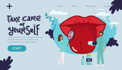 Open mouth with protruding tongue, checkup health tongue doctor. Tongue and disease. Vector illustration