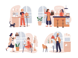 Confectioner, cook, cake, pastries. Girl confectioner prepares a cake. Male cook with a birthday cake. Cafe, bar counter, kitchen. Concept. Vector image.