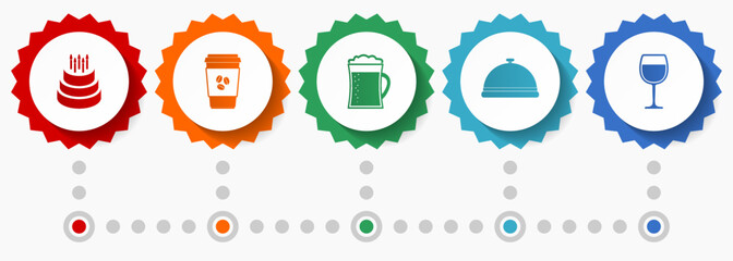 Food and drinks vector icons, kitchen and restaurant flat design web badges collection, business infographic template