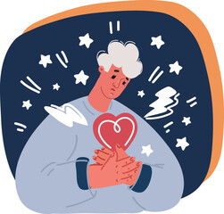Cartoon vector illustration of Unwell man feel sick suffer from heart stroke. Sick unhappy guy touch upper chest having cardiovascular problems need doctor help. Healthcare and medicine.
