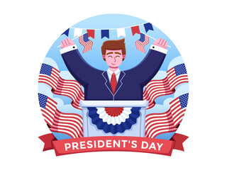 A President celebrates Presidents' Day by holding an American flag in the tribune.
22 February USA President Day Celebration.
Suitable for web, landing page, greeting card, social media, etc