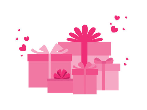 A few pink gift boxes and hearts around. Presents for Valentine's day. Vector illustration isolated on white background