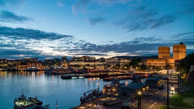 Oslo downtown night sunset cityscape landmark timelapse