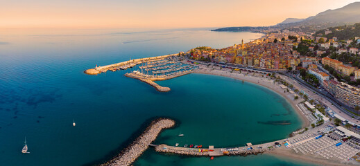 Menton France colorful city View on old part of Menton, Provence-Alpes-Cote d'Azur, France. drone...