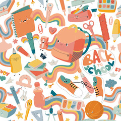 Cute seamless pattern with School Supplies. Bags, rainbows, pens, pencils, markers, notebooks, scissors and other. Vector, kawaii