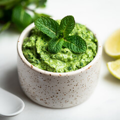 Indian green chutney, selective focus