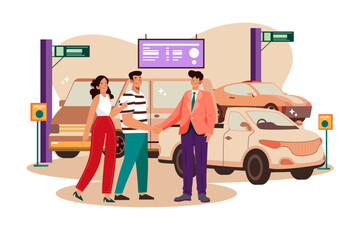 Happy customers couple handshaking with a manager in an auto salon