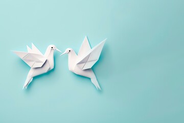 Origami birds are flying, overhead top view. White origami birds isolated on pastel blue background. generative ai - obrazy, fototapety, plakaty