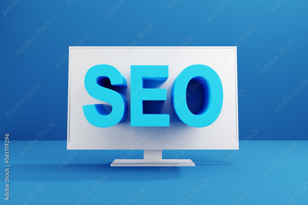 Poster search engine optimization concept. the word seo popping out from the pc computer screen.