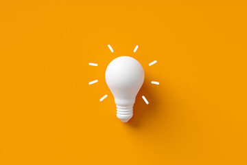 White light bulb on yellow background. 3D rendering. Creative thinking, idea, innovation and inspiration concept.