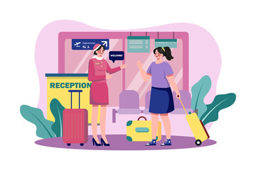 Hostess greets passengers at the airport reception