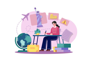 Young woman writes about attractive destinations in travel