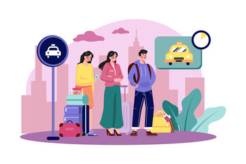 A group of tourists with their luggage waiting for a taxi