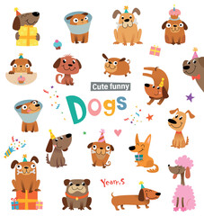 Funny cartoon dogs and design elements for birthday card or party invitation. Vector illustration