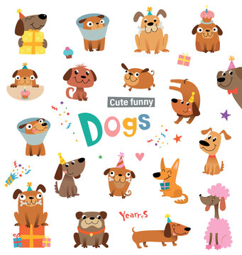 Funny cartoon dogs and design elements for birthday card or party invitation. Vector illustration