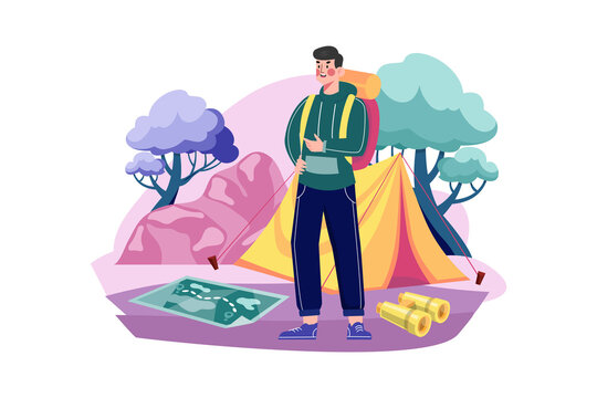 Men travel with backpack equipment and wear travel clothes for outdoor sports