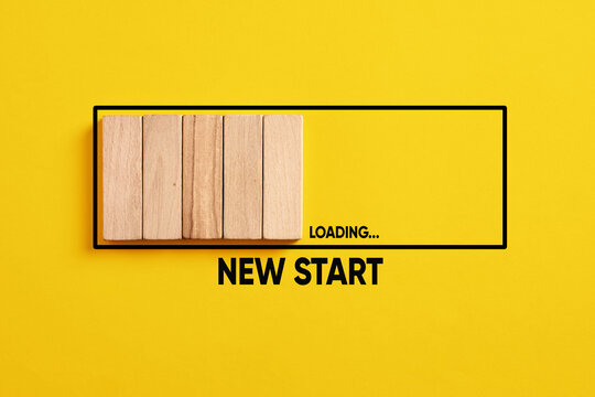 Waiting or preparing for a new start in business career or life. New start loading progress bar on yellow background.