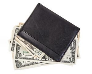 black leather wallet with banknotes lying on a white background