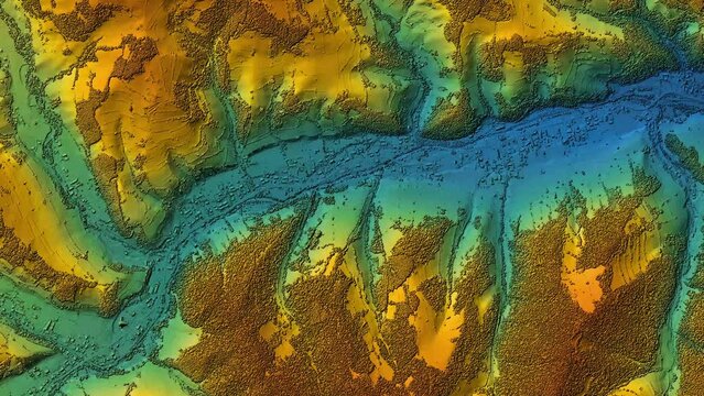 Animation of digital elevation model of a forest area with a river. GIS product made by aerial mapping from a drone. Lidar scan and multispectral camera gives NDVI and NIR effect.