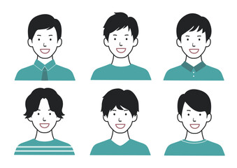 笑顔の男性アイコンセット 髪型色々バリエーション 緑B