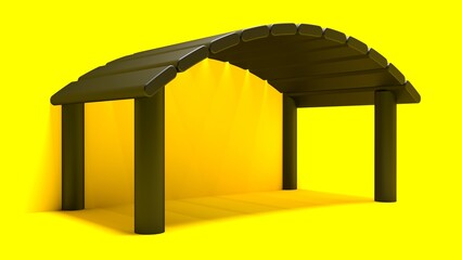 
Black Arch Design. Black shed. Black planks arranged in curved pattern. Yellow background. 3d render