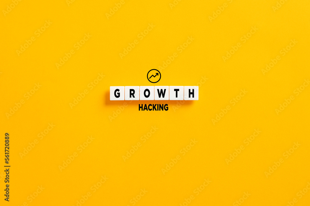 Poster white letter blocks on yellow background with the word growth hacking. growth hacking in marketing a