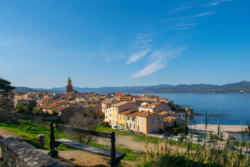 Saint Tropez view from above with bench on the side of the hill