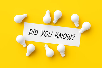 The question did you know on white paper surrounded with light bulbs. Knowledge, information and...