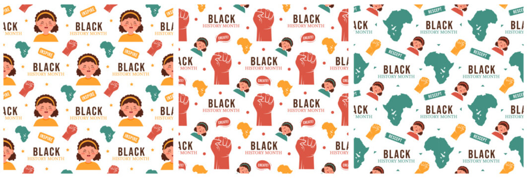 Set of Black History Month Seamless Pattern of African American Holiday in Template Hand Drawn Cartoon Flat Design Illustration